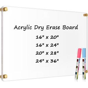 Large Clear Acrylic Dry Erase Board, 36" X 24" Golden Non-Magnetic Frameless Clear White Board for Wall, Erasable Acrylic Board for Wall, Home, Office, School, 2 Markers