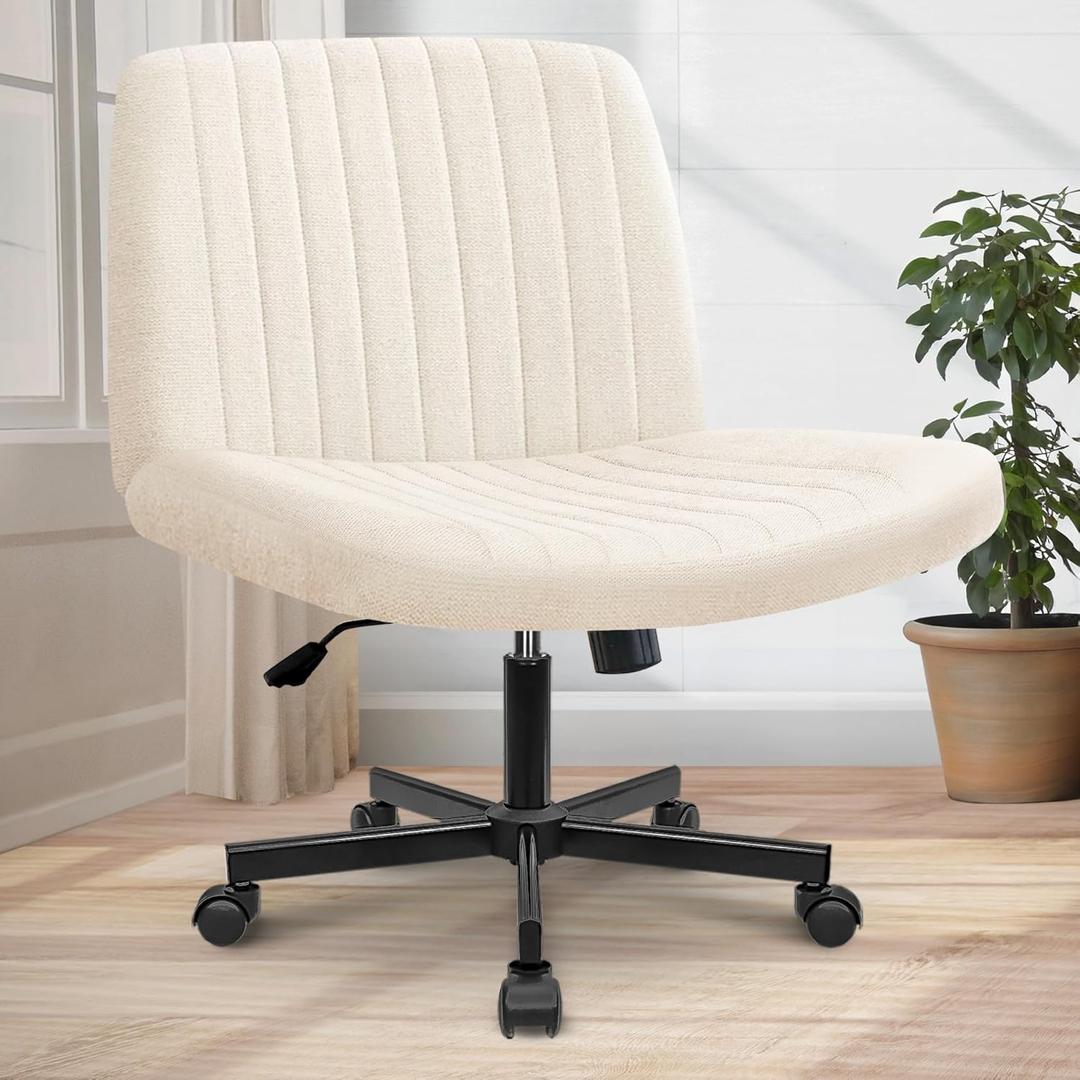 Orange Factory Criss Cross Chair Wheels Wide Cross Legged Office Desk Vanity Chair Comfy Fabric Armless Adjustable Swivel for Home Computer Task (Beige)