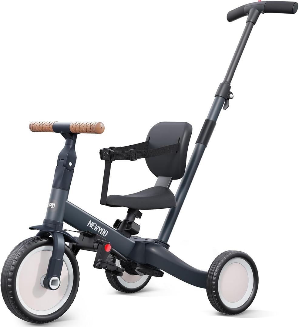 newyoo Tricycle for Toddlers 1-3, Toddler Bike, Trike with Push Handle, Perfect Boys and Girls Birthday Gift and Toys, Balance Bike with Backrest and Safety Belt, TR007, Dark Gray