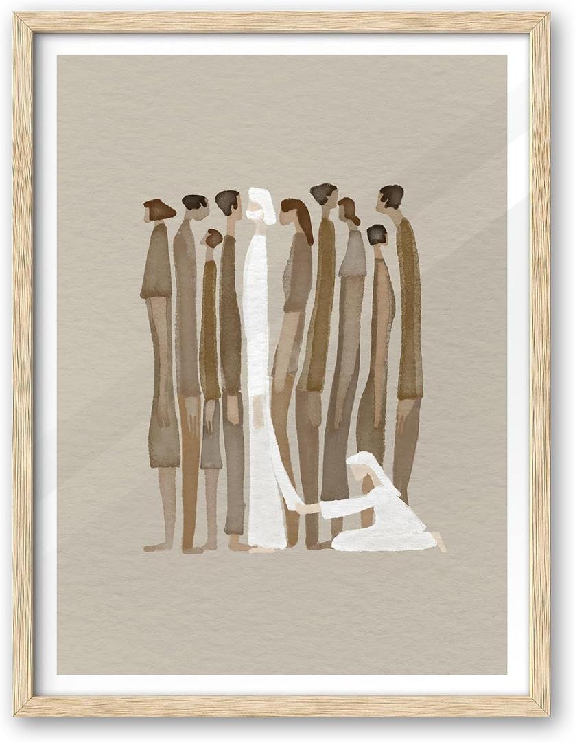 iHery Natural OAK Wood Framed Wall Art, Large 16x20 in Woman Touches Jesus God Healing Christian Bible Canvas Art, Modern Boho Bible Sketch Scripture Beige Bedroom Decor, Set of 1 For Living Room (20L" x 16W", Beige Framed Woman Touches)