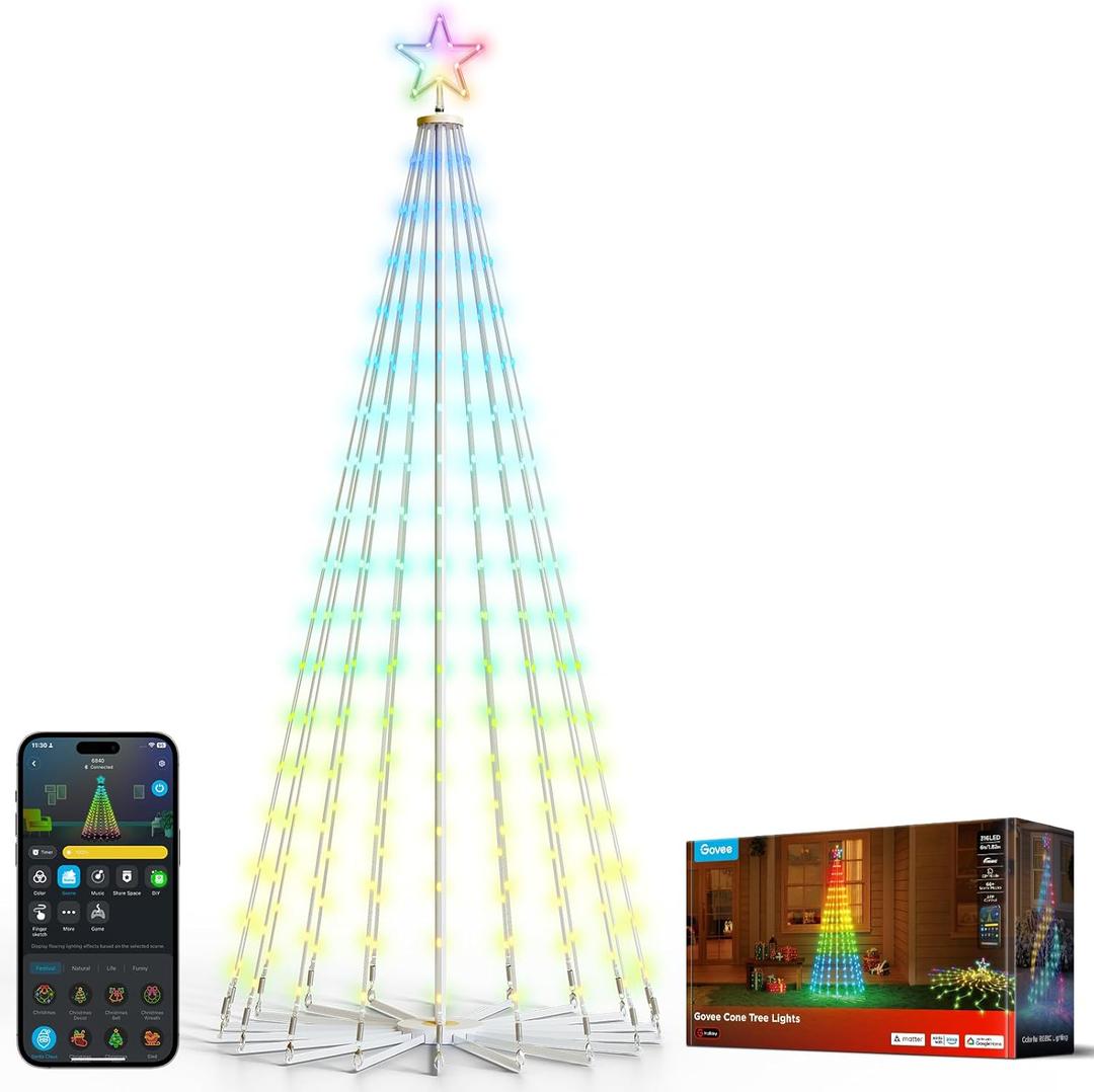 Govee Christmas Cone Tree Lights, 6ft 316 LEDs RGBIC Christmas Tree Lights with Smart App Control, IP67 Waterproof Outdoor String Lights for Xmas Decorations, 82+ Scene Modes, Music Sync, White Stand