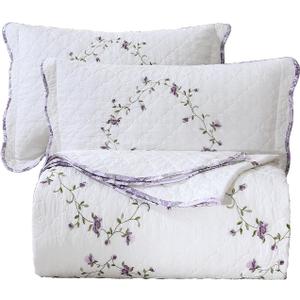 vctops 3-Piece Elegant Floral Embroidered Bedspread Coverlet Set Oversize Queen 100% Cotton Reversible Patchwork 1 Quilt and 2 Pillow Shams (Purple,Oversize Queen)