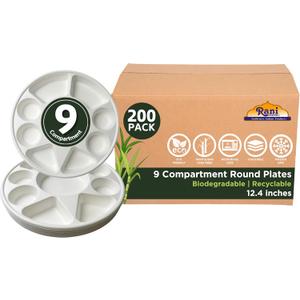 Rani 9 Compartment Round Biodegradable Divided Plates, Pack of 200 ~ Party, Thali, Buffet | Disposable & Eco-Friendly | Heavy-Duty Sturdy Paper Bagasse | Premium Quality | 12.44" Diameter 1.38" Height