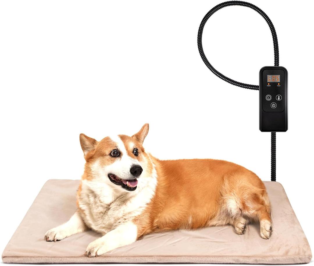 Niubya Pet Heating Pad for Dogs and Cats, Adjustable Temperature and Waterproof Pet Heated Mat with Timer, Electric Heating Pet Bed with Chew Resistant Cord and Soft Washable Cover, 24" x 18"