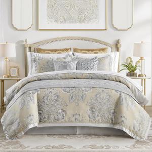 CROSCILL King Comforter Set, Luxe Chenille Jacquard Floral Medallion, Microfiber Twill Comforter for a King-Size Bed, Oversized Comforter King Bedding, 2 Shams & Bedskirt, Loretta, Beige 4 Piece