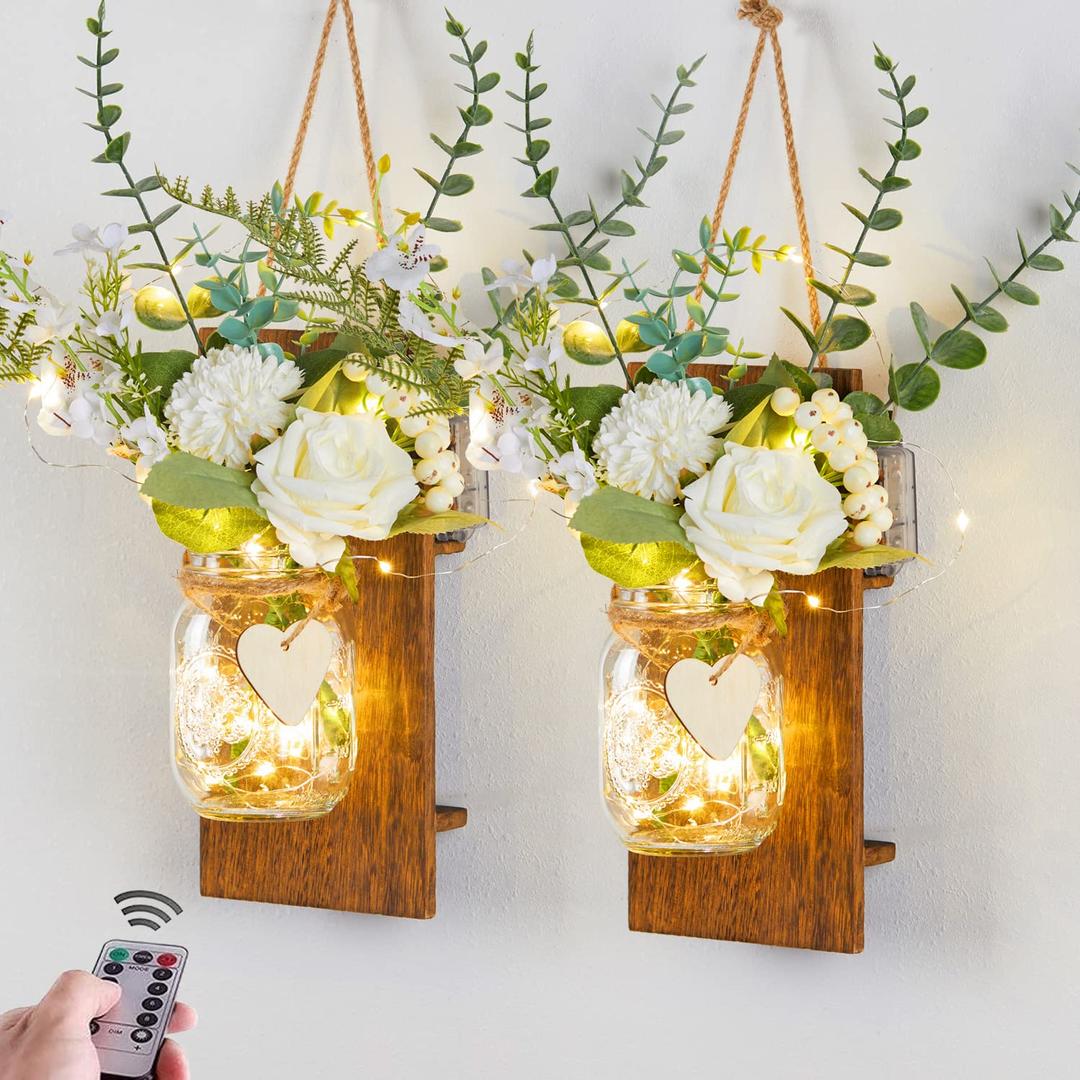 Party Joy Mason Jar Sconces Set of 2 Home Decor Wall Decor Rustic Wall Sconces with Remote Control LED Fairy Lights and Artificial Flowers Bathroom Decor Home Decor with Lights