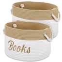 Blushtier 2 Pack Baby Book Baskets for Nursery Embroidered Book Storage Bins 15 x 11 x 9 Inches Woven Cotton Rope Baskets for Book Toy Organizer Storage Room Classroom