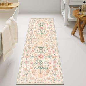 Uphome Bathroom Runner Rug Beige Vintage Long Bathroom Rug Soft Shaggy Non-Slip Large Bath Mat Machine Washable Boho Colorful Floral Bath Rugs for Bedroom Entryway Hallway, 20x60 inch