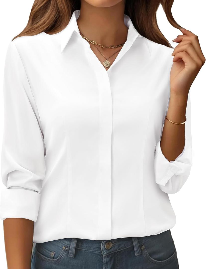 siliteelon Button Down Shirts for Women: Classic Fit Stain Resistant Long Sleeve Dress Shirt Wrinkle Free Business Office (Medium, White)