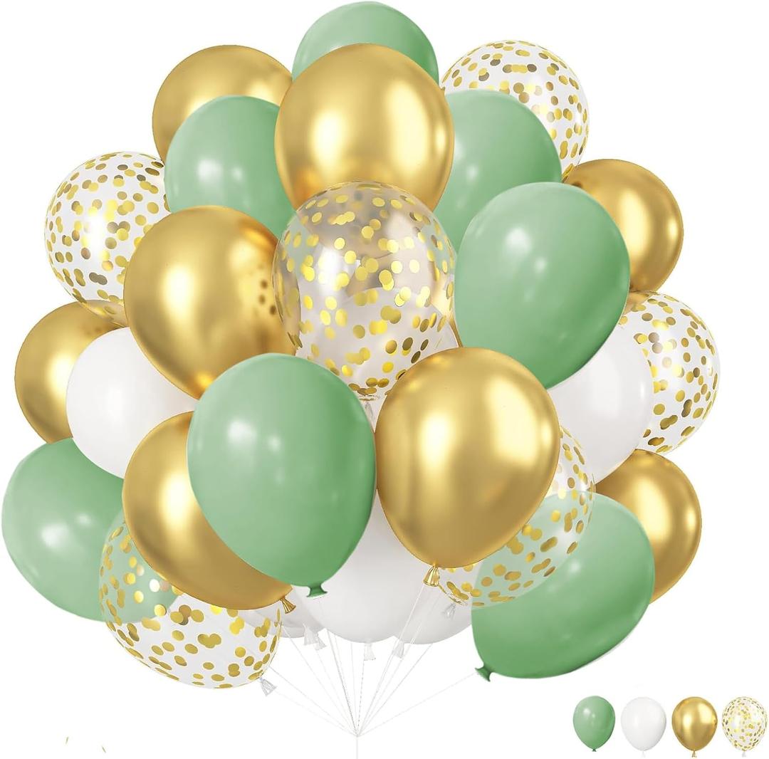 ZOOYOO 50pcs Balloons 12 Inch Sage Green Gold White Confetti Latex Balloons for Boho Weddings,Birthdays,Baby & Bridal Showers, Neutral Theme Party Decorations