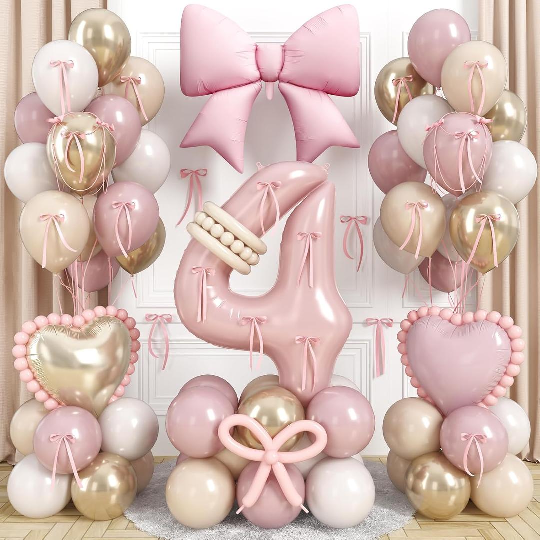 Pink 4 Balloon Number 40 Inch, Dusty Blush Pink Gold Sand White Latex Balloons 4 Year Old Birthday Decoration Bow Heart Foil Balloon Ribbon Bow for Girl Women Boho 4th Birthday Anniversary Party Decor