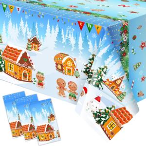 Fancy Land Christmas Tablecloths 3 Pack Gingerbread House Table Cover Snow Disposable Tablecloths Christmas Party Decoration