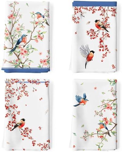 Arquiel Watercolor Bird Flowers Tea Towels, Cotton Kitchen Towel 18.9 × 27.5 inch, Quick Drying Dish Cloth for Party Anniversary Holiday Decoration Housewarming Gifts 4 Count