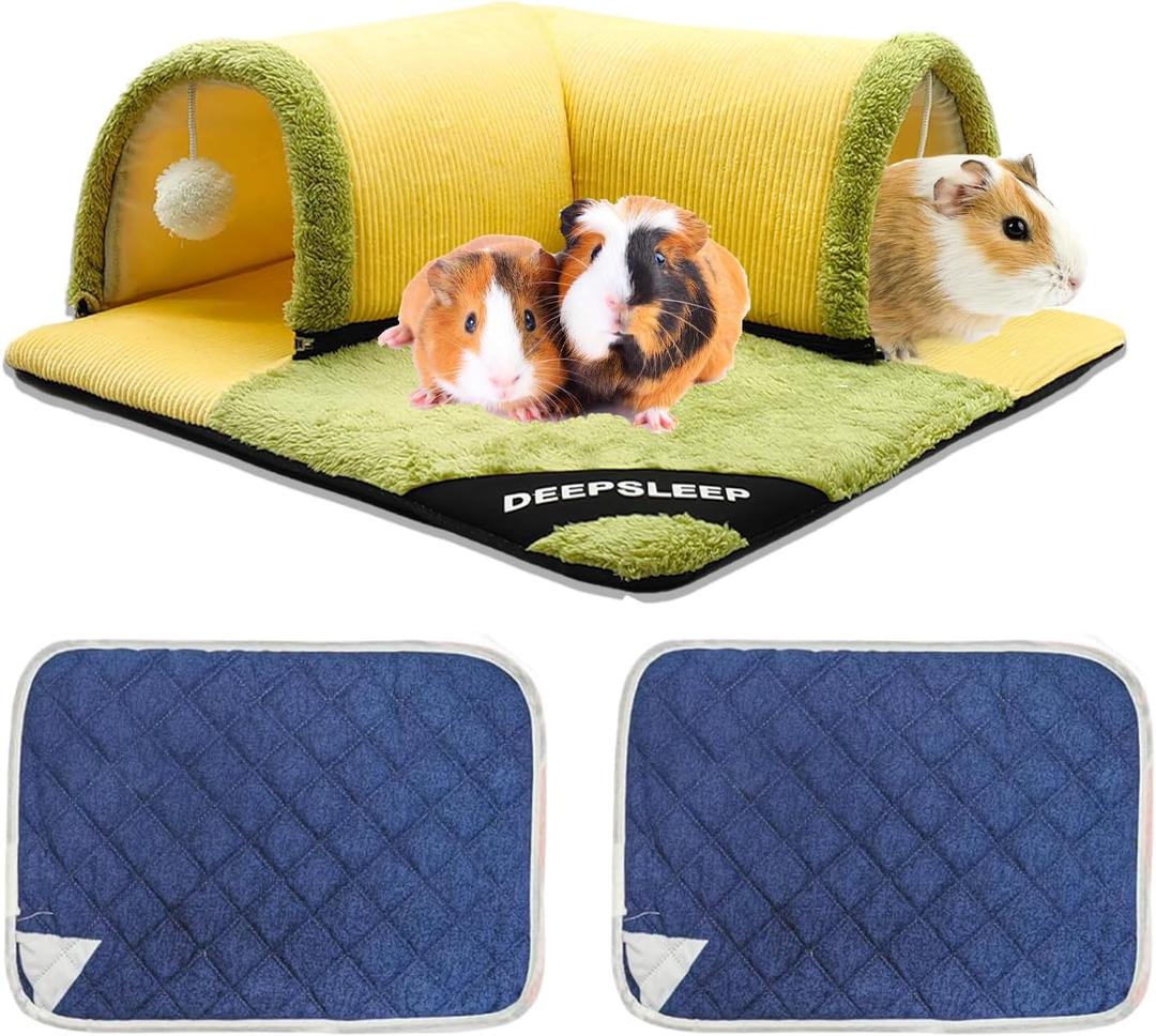 3 Pcs Guinea Pig Hideout Tunnel with Removable Base & 2 Liners - Machine Washable Soft Small Animal Bed & Play Tube for Chinchillas, Hamsters, Ferrets, Bunny - Cage Accessories with Hideaway House (19.68" x 19.68" x 6", yellow)