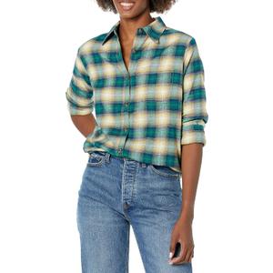 Dickies Womens Long Sleeve Plaid Flannel Shirt (Small, Ombre Khaki Green Plaid)