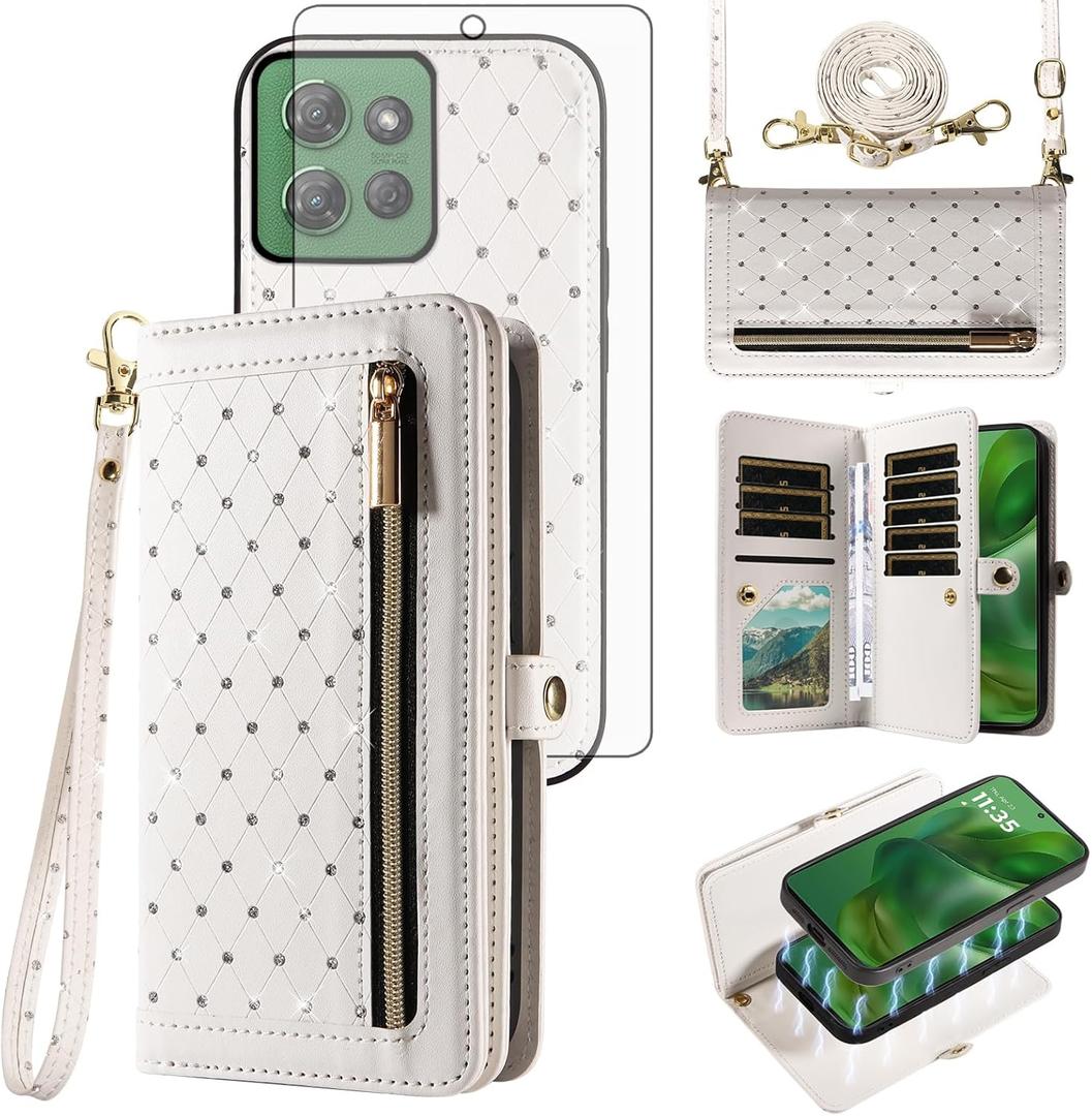Phone Case for Motorola Moto G Power 5G 2025 Zipper Wallet Detachable Magnetic Cell Cover with Tempered Glass Screen Protector Crossbody Lanyard Strap Bling Credit Card Holder XT2515-1 Women White