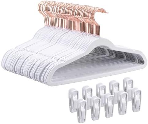 Tonswachic 14 Inch Velvet Kids Hangers -50 Pack Durable & Non-Slip Closet Organizers for Big Kids & School-Age Children, 0.2" Ultra Slim Space-Saving Design with 10 Hanger Clips - White