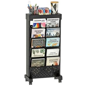 6-Tier Mobile Bookshelf, Rolling Bookcase Book Storage Rack, Movable File Folder Organizer Cart with Wheels for Home Study Office Living Room Classroom, Black