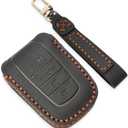 INTGET for 2022-2024 Toyota Tundra & Sequoia Key Fob Cover - Leather Case & Protector for Grand Highlander Accessories (Black, Brown Thread)