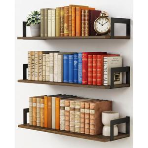 Harwaya Floating Book Shelves for Wall 3-Pack, 24 Inch Long Wall Mount Bookshelf for Bedroom, Rustic Farmhouse Wood Hanging Bookshelves for Living Room Office Books Plants (Dark Brown)