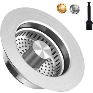 Kitchen Sink Drain Strainer & Pop-up Sink Stopper, 3-in-1 Upgraded Universal Sink Strainer with Anti-Clogging Basket, Stainless Steel Filter, Cleaning Brush for US Standard 3-1/2 Inch Drain (Silver)