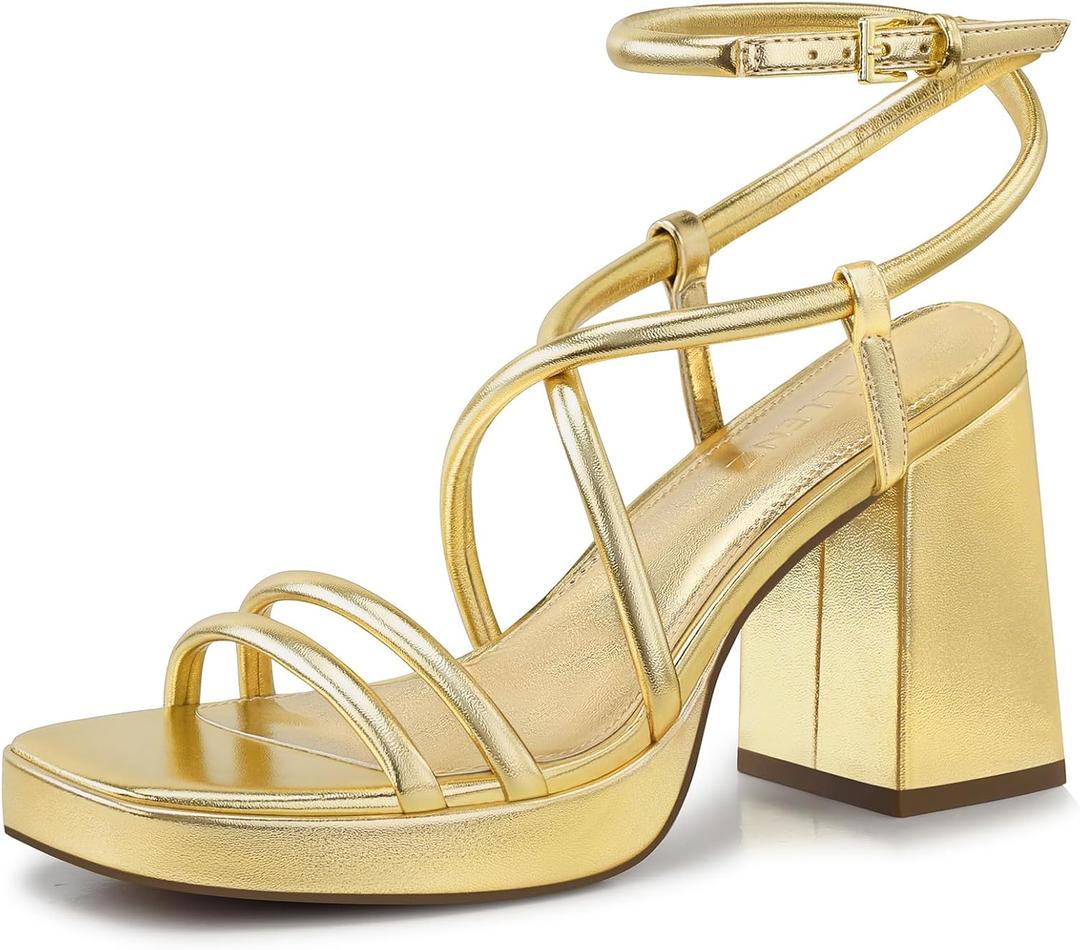 CELLENZ Women Chunky Platform Heels: 3.9 Inch Strappy High Heel Sandals Size 9.5 (Gold)