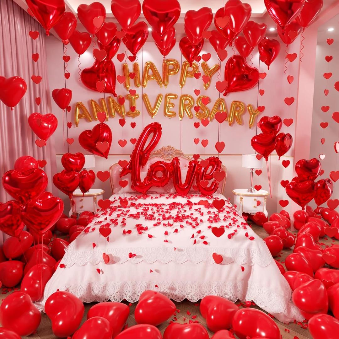 Valentines Day Balloons decorations, Red Heart, Anniversary, Love Foil Balloons - Romantic Room Decor for Galentine's Birthday Wedding Anniversary Proposal & Couples Special Events Party Decor