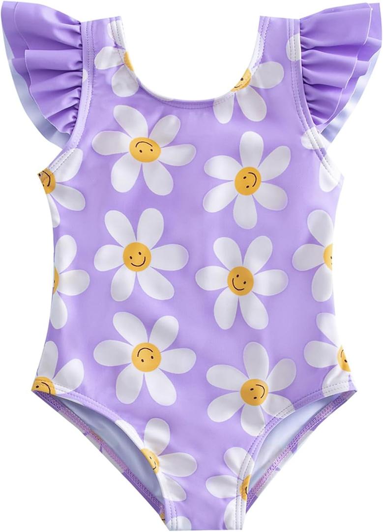 Aruzig Toddler Baby Girl Swimsuit Ruffle Bathing Suit Pattern Print One Piece Beach Swimwear for Girls (Purple Flower, 5-6 Years)