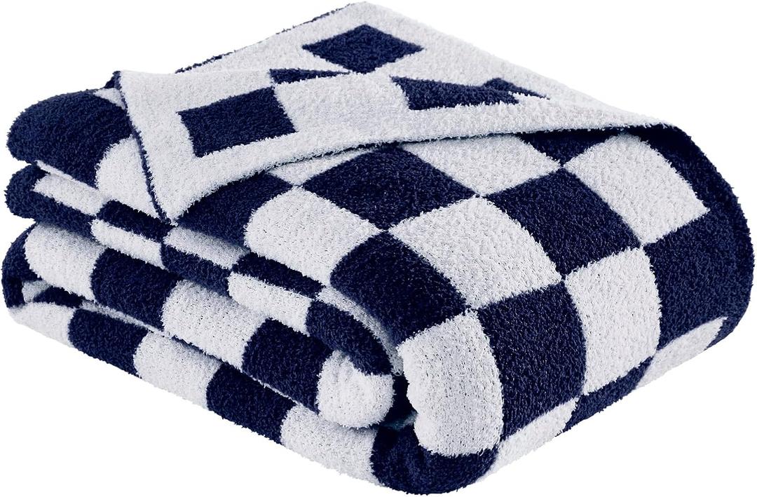 Checkered Throw Blanket, Dark Blue Soft Cozy Fluffy Knitted Throw Blankets for Couch, Sofa, Bed, Chair, Warm Fuzzy Travel Picnic Lightweight Plaid Blanket, 50x70 inches