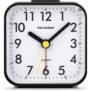 Peakeep Small Battery Operated Analog Travel Alarm Clock Silent No Ticking, Lighted on Demand and Snooze, Beep Sounds, Gentle Wake, Ascending Alarm, Easy Set (Black)