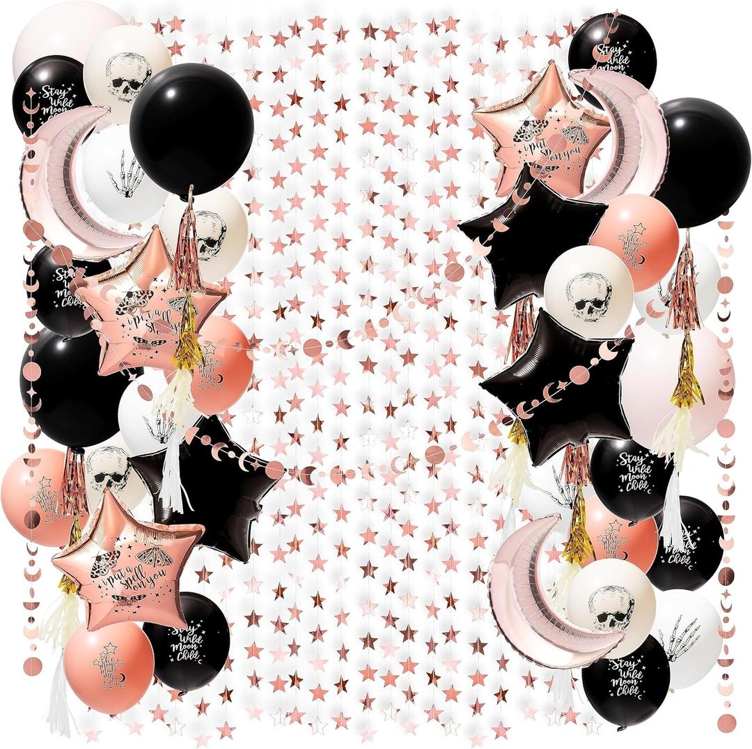 Cheerland Boho Party Decorations Rose Gold Black Balloon Kit Bohemian Birthday Decorations Cresent Moon Garlands Boho Theme Party Backdrop Halloween Party Decor