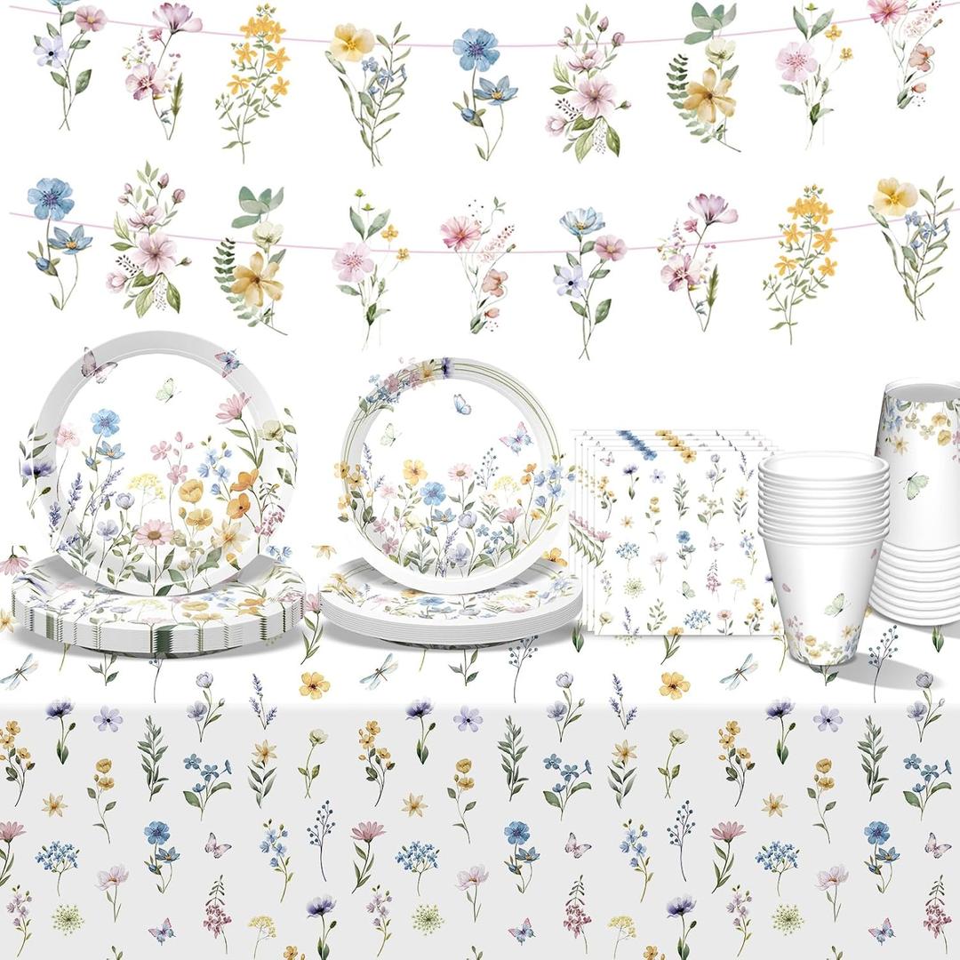 Wildflower Party Supplies Spring Floral Party Supplies Tableware with Wildflower Plates Napkins Cups Tablecloth Banner for Girls First Birthday Floral Baby Shower Birthday Decorations, Serve 24