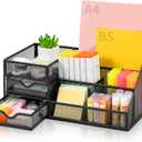 Lavatino Larger Mesh Desk Organizer with Drawers, Multifunctional Desk Organizers and Accessories with 6 compartments + 2 Drawer, Office Desktop Organization for supplies (Black)