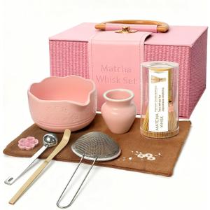 GZIXBDA 8Pcs Matcha Whisk Set, Matcha Set Includes Ceramic Matcha Bowl, Whisk and Holder, Bamboo Scoop, Scoop Rest, Sifter, Measuring Spoons and Tea Towel Tea Kit Gift Set for Women (Pink)