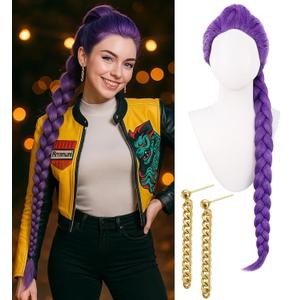 Swooflia Purple Braid Wig for Women & Cosplay Accessories - Convenient Set Includes Adjustable Wig Cap, Earings, Cosplay Wig for Halloween, Costume, Party and Daily Use