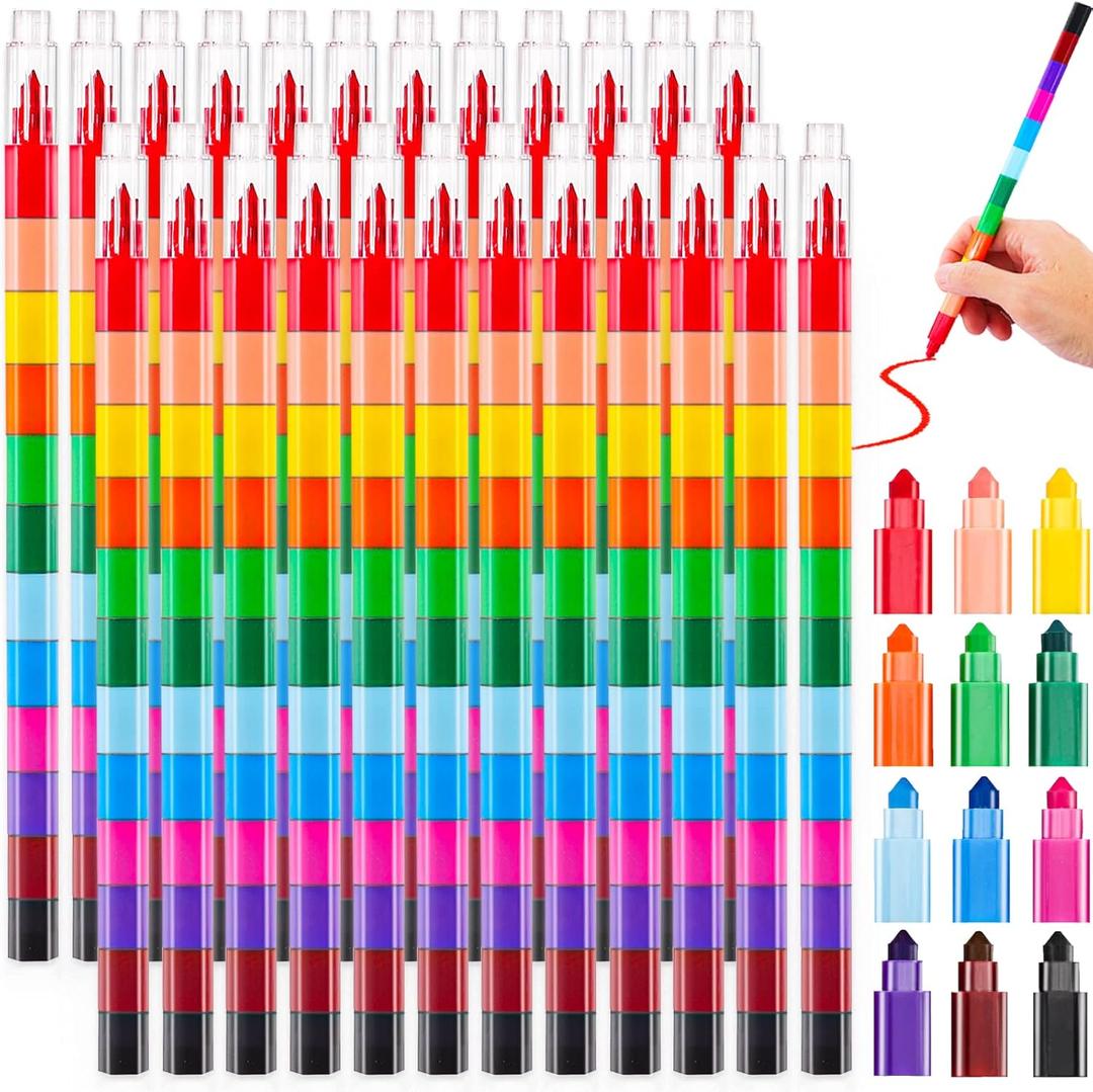 24 Stackable Crayons, Buildable DIY Crayons for Classroom & Office, Rainbow Colors