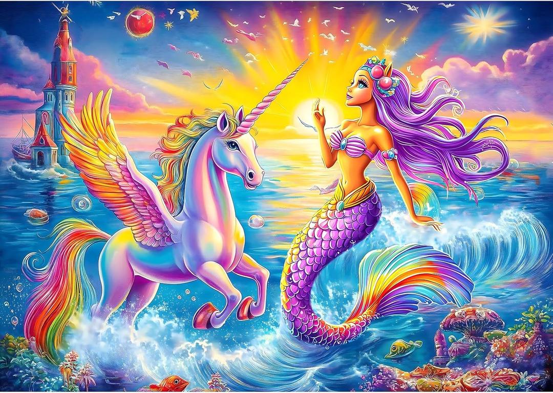 200 Piece Puzzles for Kids Ages 4-6, Mermaid & Unicorn Puzzles for Girls 4-6, Mermaid & Unicorn Puzzle Toys for Girls Age 3-5, Gift Party Games Family Birthdays Christmas, Size 19 x 13 in