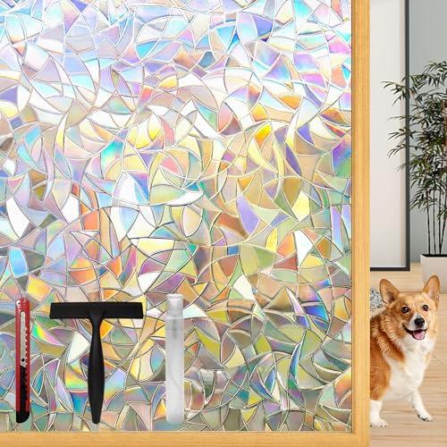 Lovepea Rainbow Window Privacy Film with Installation Tools, 3D Decorative Vinyl, Stained Glass Decals, Removable, Peep-Proof, Static Cling, Heat Control (29.5 x 78.7 Inch)