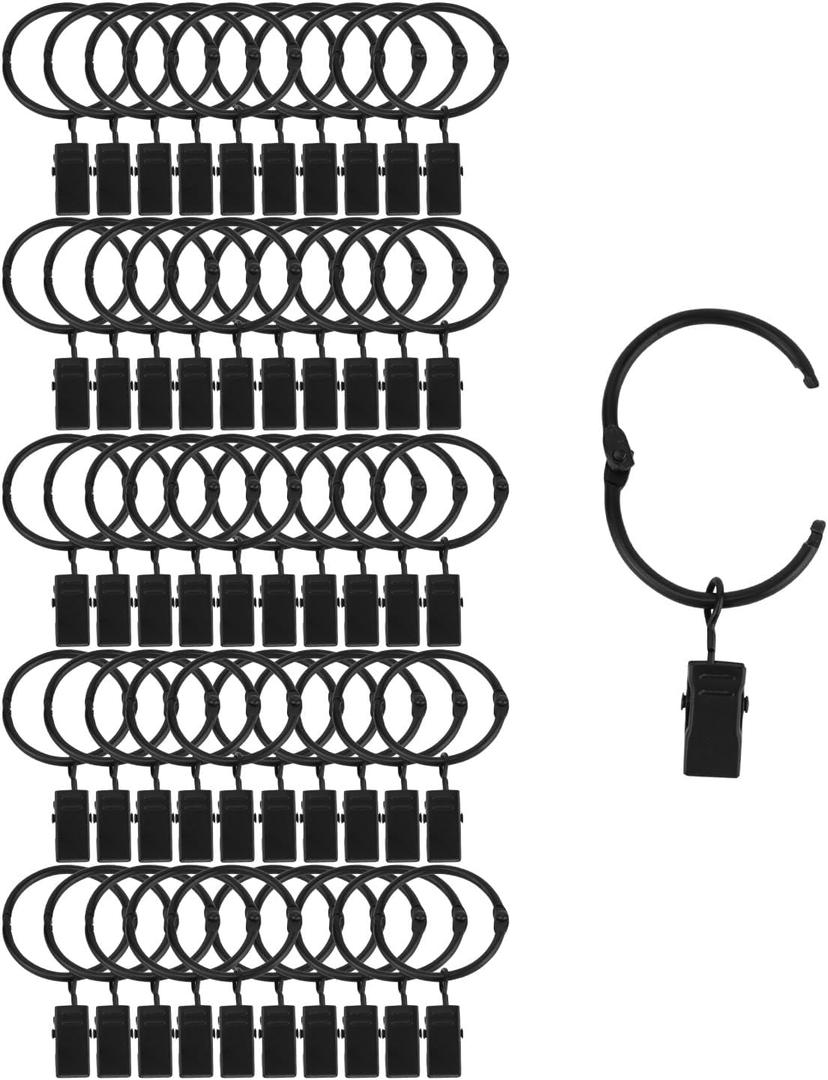 50 Pack Openable Curtain Rings with Clips Metal Hangers Ring 1.22 inch Interior Diameter Rust Proof for Heavy Duty Vintage Decorative Drapery Eyelet Curtain Rods Black