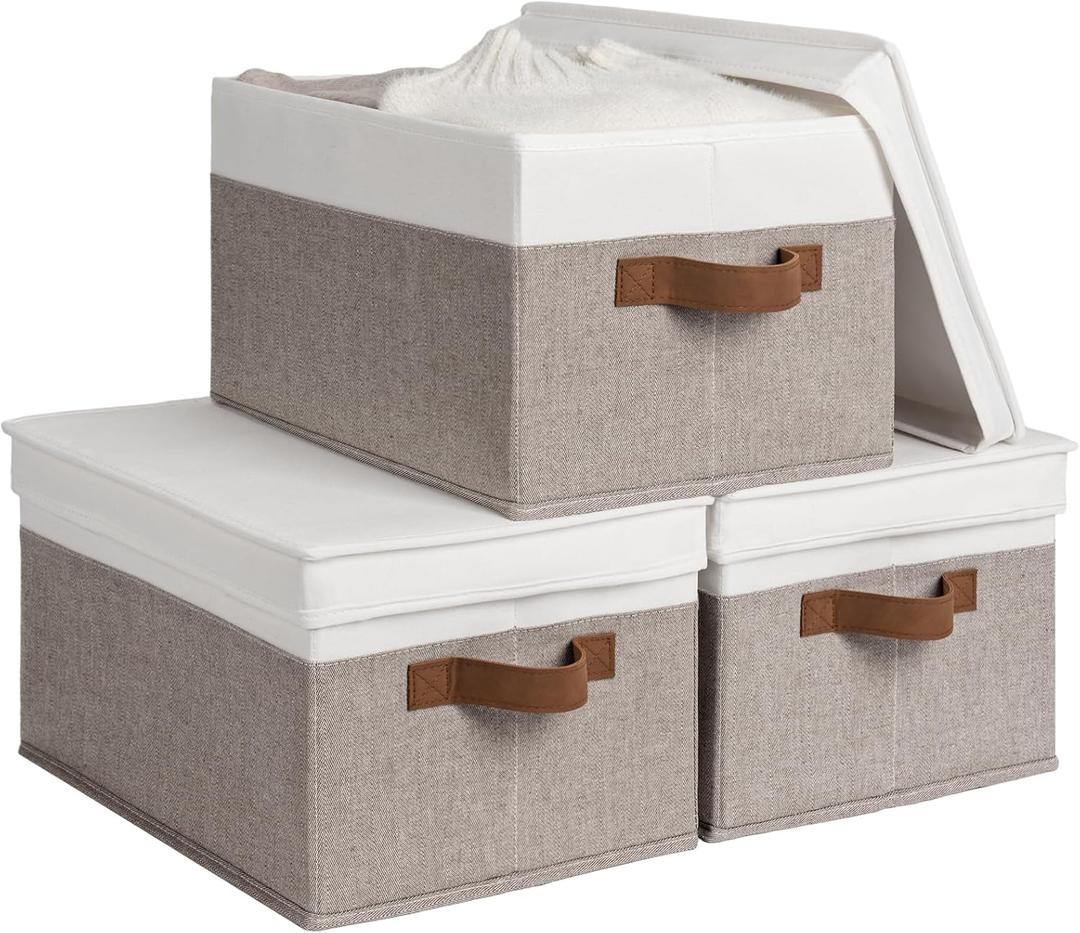 StorageWorks Fabric Storage Bins with Lids, Decorative Storage Bins with PU Handles, Foldable Storage Baskets for Closet, Shelves, Stackable and Sturdy Organization, Brown and White, Large, 3-Pack