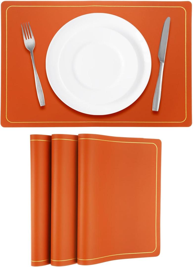 uxcell 4 Pcs Faux Leather Placemats for Dinner Table, PU Leather Rectangle Table Mats Placemats Heat Resistant Waterproof Oil Proof Kitchen Placemats (Orange Gold Line)