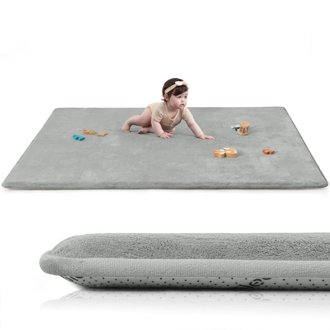 Baby Play Mat for Floor,1.3" Thick Elasti-Foam 50"74" Playpen Mat for Tummy Time,Water Repellent Soft Coral Velvet for Toddler,Infant,Kids,Non-Slip Backing Safe for Crawling(Light Grey)