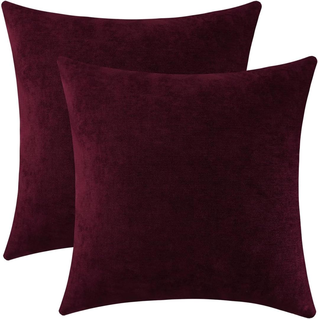 Jeneoo Burgundy Decorative Throw Pillow Covers Soft Chenille Comfy Solid Couch Cushion Case Decor (Set of 2, 20 x 20 Inches)