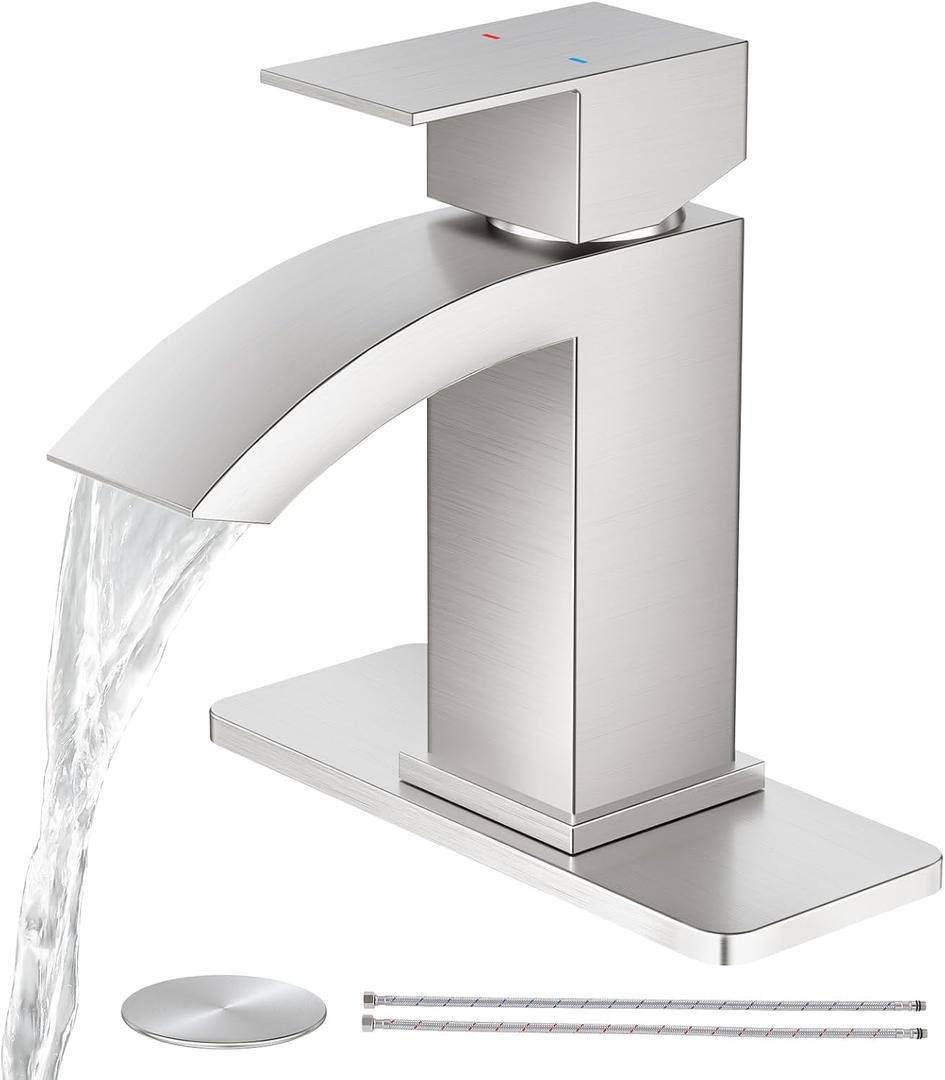 CREA Waterfall Bathroom Faucet 1 Hole Single Handle Brushed Nickel Stainless Steel Modern Basin Mixer Tap 3 Hole Deck Plate RV Vanity(Pop Up Drain/cUPC Supply Line)