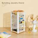 keomaisyto Earring Holder Organizer, 360 Rotating Jewelry Holder with Ring Tray/Necklace/Bracelet/Ring Hooks, White Earring stand with 4 Sides and 2 Wooden Trays for Jewelry Display (Upgraded)