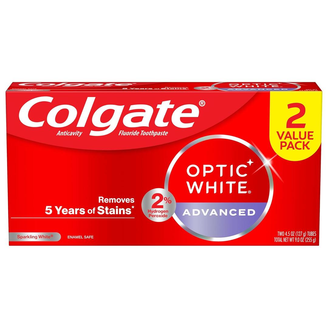 Colgate Optic White Advanced Hydrogen Peroxide Toothpaste, Teeth Whitening Toothpaste Pack, Enamel-Safe Formula, Helps Remove Tea, Coffee, and Stains, Sparkling White, 2 Pack, 4.5 oz Colgate Optic White Advanced Hydrogen Peroxide Toothpaste, Teeth Whitening Toothpaste Pack, Enamel-Safe Formula, Helps Remove Tea, Coffee, and Stains, Sparkling White, 2 Pack, 4.5 oz