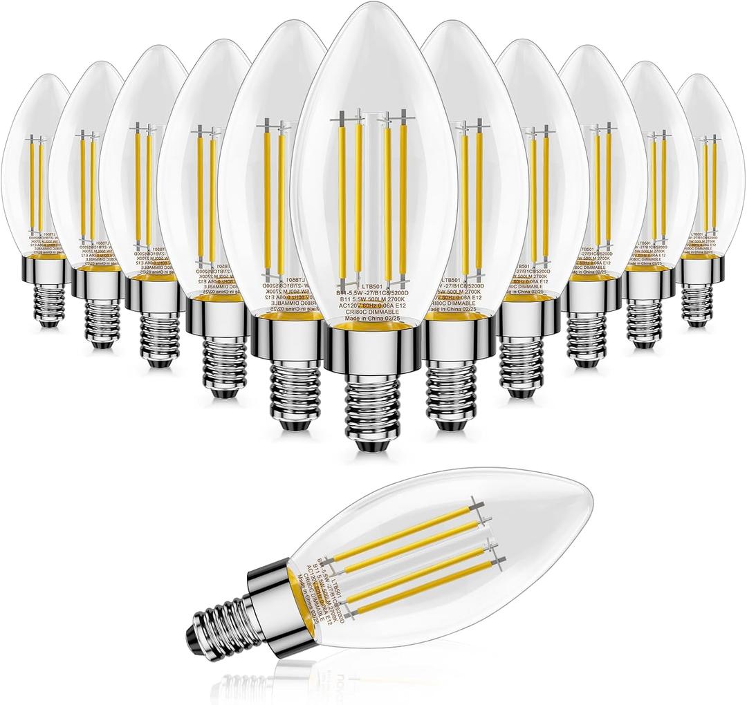 12-Pack E12 LED Bulb, 60 Watt Equivalent, Dimmable 2700K Warm White Light, B11 Chandelier Light Bulbs, 5.5W 500LM Candelabra LED Light Bulbs for Ceiling Fan Home Decor