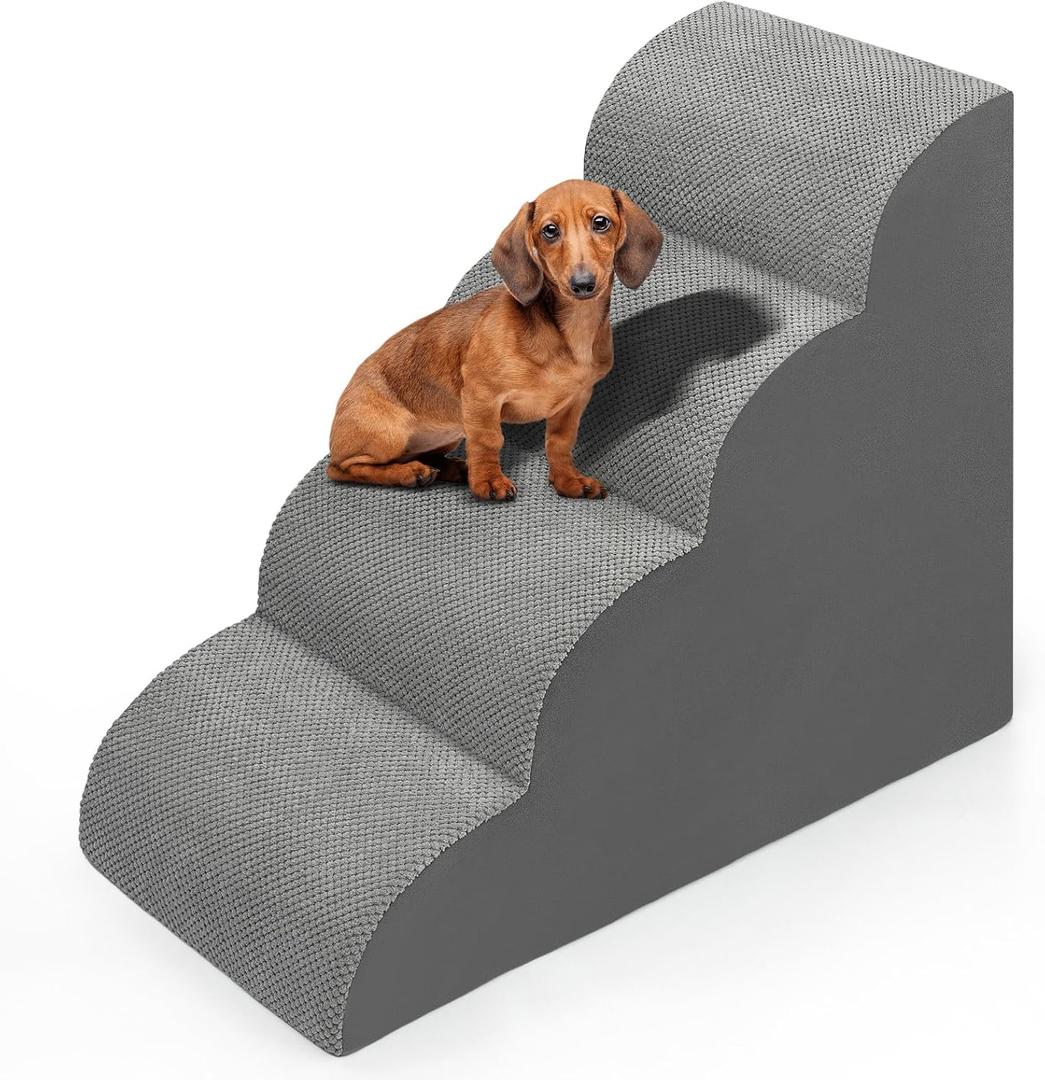 Dog Stairs for Bed 28.7H, 4 Extra Deeper Ramp/Steps for Small Dogs & Cats to get on High Bed or Couches, Grey