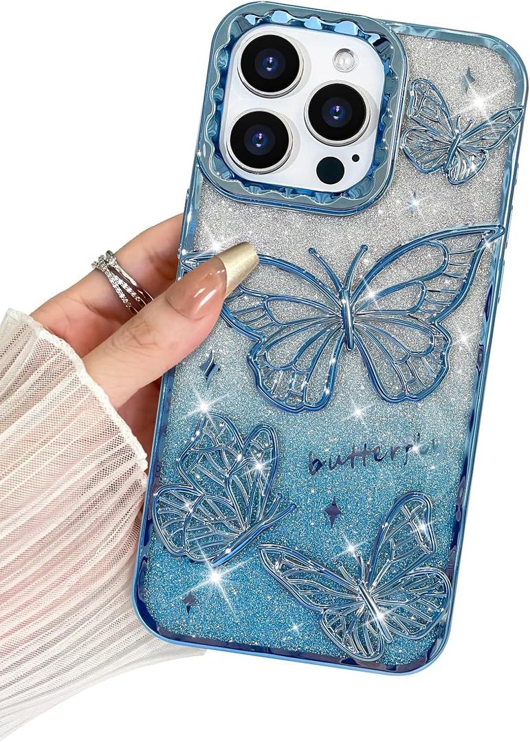 BITOBE Designed for iPhone 12 Pro Max, Cute 3D Butterfly Case Slim Plating Glitter Bling Luxury Cover for Women Girls Protective Camera Protection Bumper 6.7" Blue