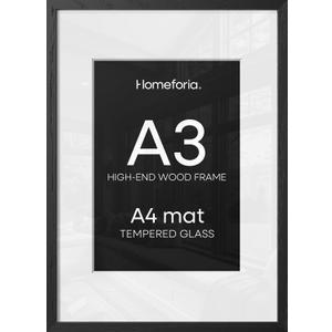 Homeforia A3 Picture Frame Black Wood, High-End Oak 11.7 x 16.5 Black Poster Frames Matted to 8.3 by 11.7 Photo, 11.7x16.5 Size Wooden Frame with Mat 8.3x11.7 Print, Tempered Glass, Wall Kit, Set of 1